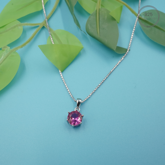 Modern Silver Necklace with Pink Stone Pendant