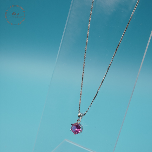 Modern Silver Necklace with Pink Stone Pendant